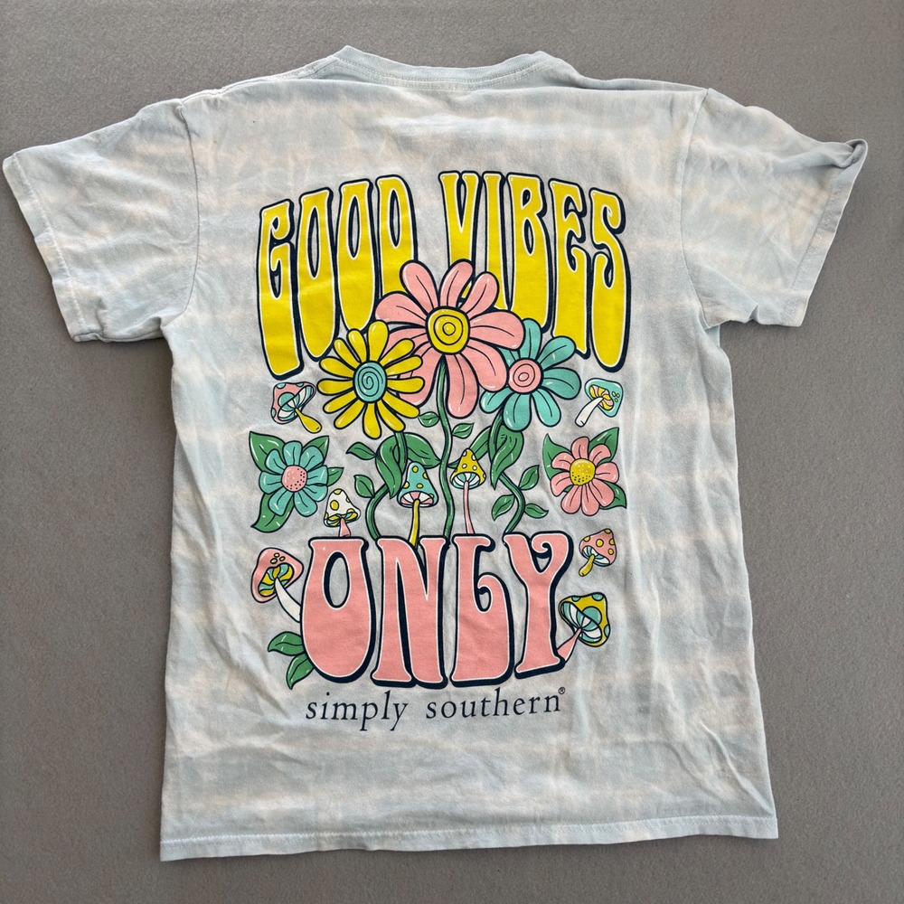 Simply Southern Good Vibes Only Tie Dye Graphic T-Shirt Blue White Small